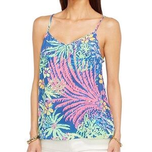 LILLY PULITZER 100% Silk Dusk Racerback Tank Neon Floral Print Size XS